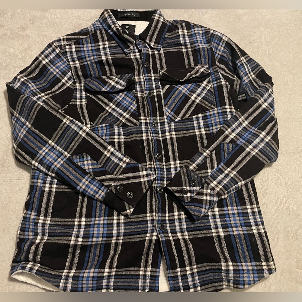Billabong Flannel Shirt Jacket Mens Medium Sherpa Lined Button Down Black Blue